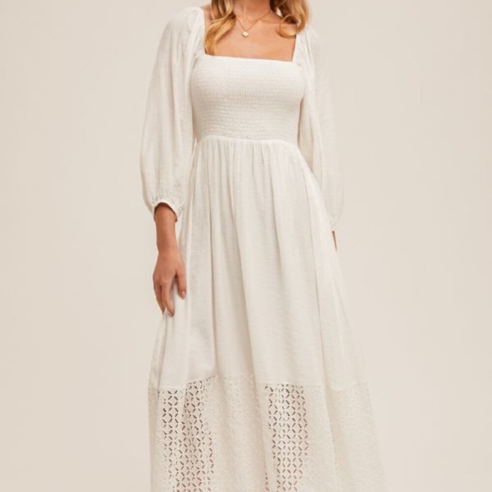 Eyelet Contrast Smocked Bubble Sleeve Midi Dress